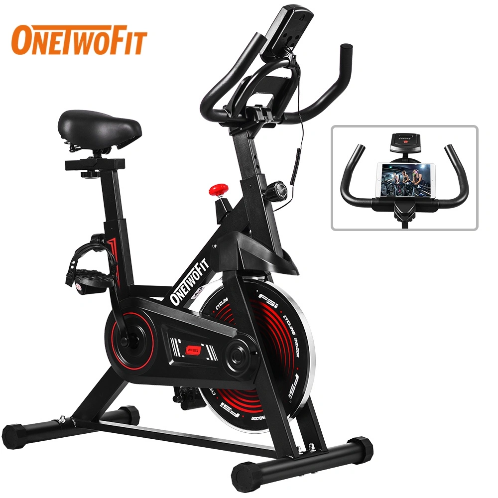 OneTwoFit Sepeda Statis Fitness Spinning Bike Hitam & Merah dengan Monitor LCD Ketinggian Kursi Adjustable Dudukan Multifungsi Bisa Berolahraga Sambil Menonton Video Beban Maks 150kg  Kursi
