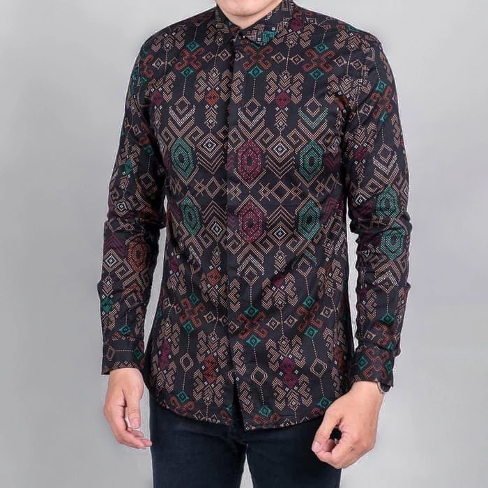 DGM Fashion Kemeja Batik Hitam Songket Lengan Panjang Batik Songket Premium Pria Casual 002 A