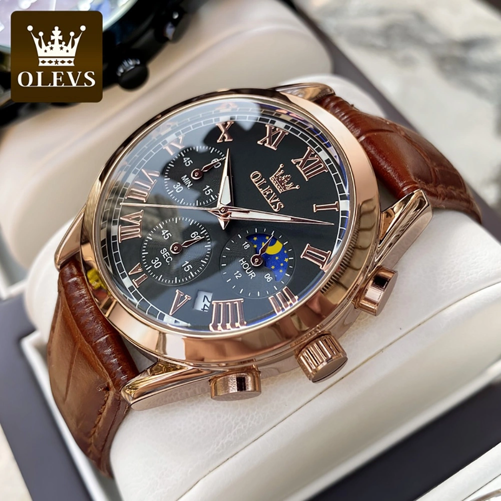 OLEVS Jam Tangan Pria Original Anti Air Kulit Tahan Keren Led Hitam Coklat Luxury Chronograph Watch Men Multifungsi