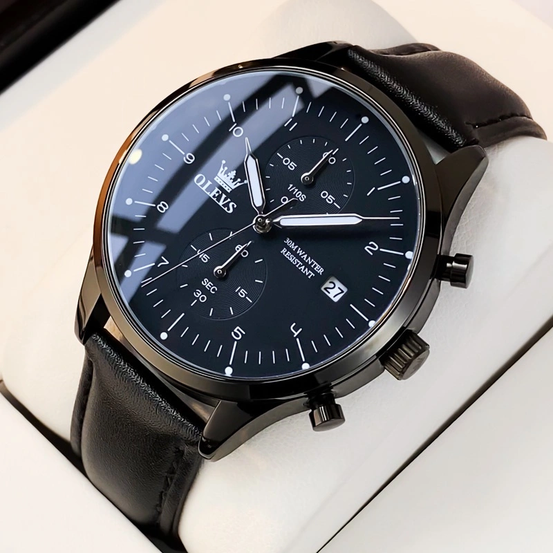 OLEVS Jam Tangan Pria Anti Air Original Kulit Tahan Keren Led Hitam Putih Terbaru Luxury Chronograph Watch Men Multifungsi