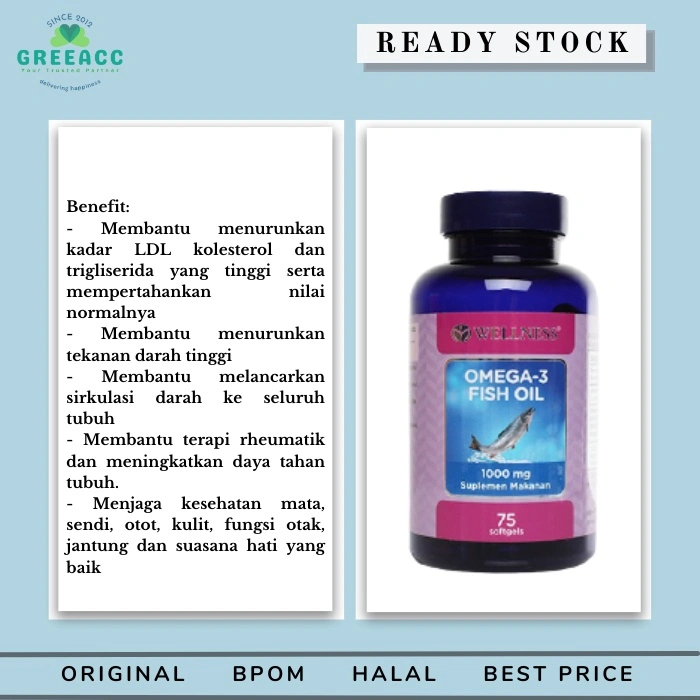 75 tab WELLNESS Omega 3 Natural Fish Oil Minyak Ikan 1000MG 75 softgels Omega3 BPOM 1000 mg