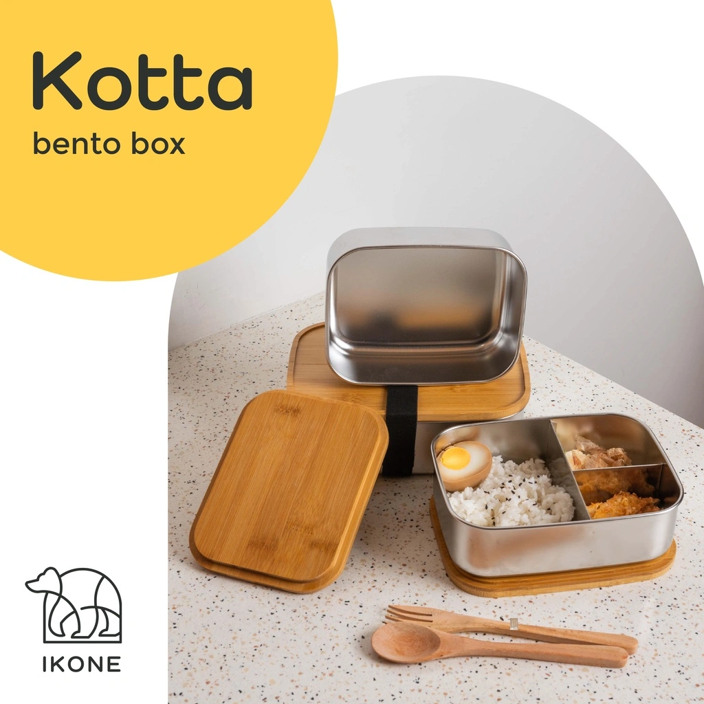 IKONE KOTTA Bento Box Kotak Makan Stainless Steel Berkualitas Tutup Kayu Kotak Penyimpanan Makanan Bekal Makanan
