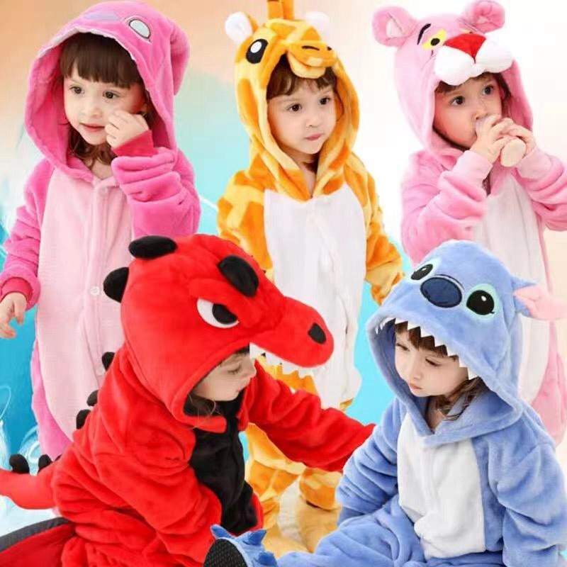 BAJU ONESIE DINO DINOSAURUS MINION PIKACHU KELINCI MONYET HARIMAU PANDA KUCING SPIDERMAN BABY SHARK ZEBRA TOTORO UNICORN DORAEMON DUMBO STITCH SAPI JERAPAH PANDA ANAK PIYAMA KOSTUM COSPLAY