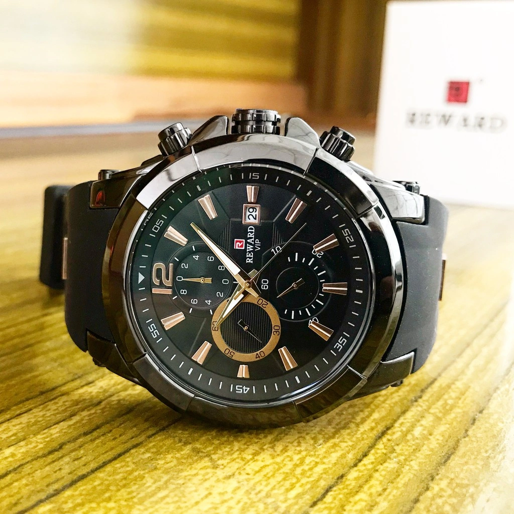 (COD) Jam Tangan Pria Original REWARD Bayonet Black Hitam Rubber Karet SIlikon Analog Chrono Aktif