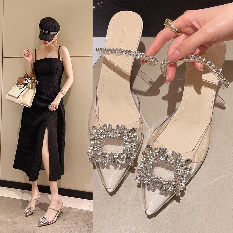 Sepatu Sendal Hak Kaca Tinggi Mules Wanita Perempuan Elegant Pernikahan Pengantin Kondangan Transparan Terbaru Premium Murah Korea Import 7cm Pointed Toe High Stiletto Heels Wedding Shoes - Ukuran 35 36 37 38 39 40 41 42