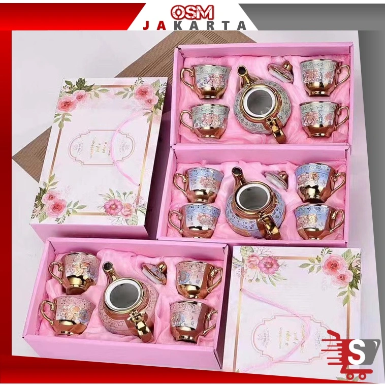 OSM JKT 5345 Set Cangkir Teko Teapot Piring Set 5 IN 1 / Teko Set Premium Europe Classic Style / Parcel Kado Teko Cangkir Teh Keramik