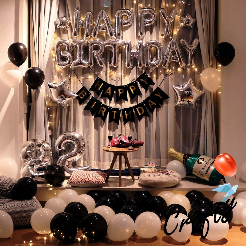 [PAKET] BIRTHDAY Set SILVER CHAMPAGNE B&W Dekorasi Backdrop Ulangtahun