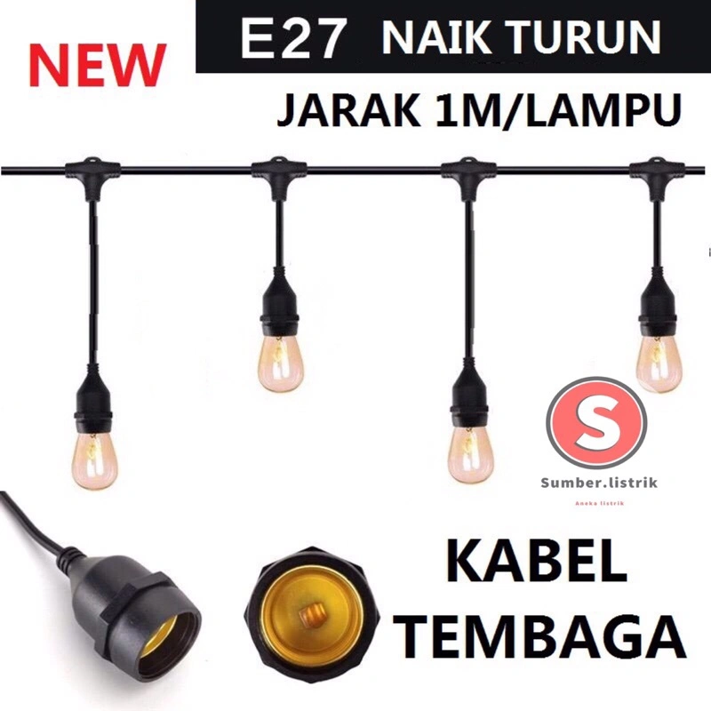 Fitting Lampu Gantung Outdoor 10 Meter 20 Fiting / Waterproof / 10 Meter 10 Fitting LAMPU GANTUNG CAFE 20 M / 10 M dekorasi/Kabel Fitting Outdor/Lampu Hias Cafe