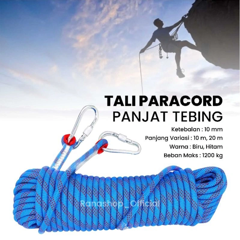Tali Paracord Panjang Tebing Climbing Rope 10mm 20 Meter - 10 Meter  with Steel Buckle