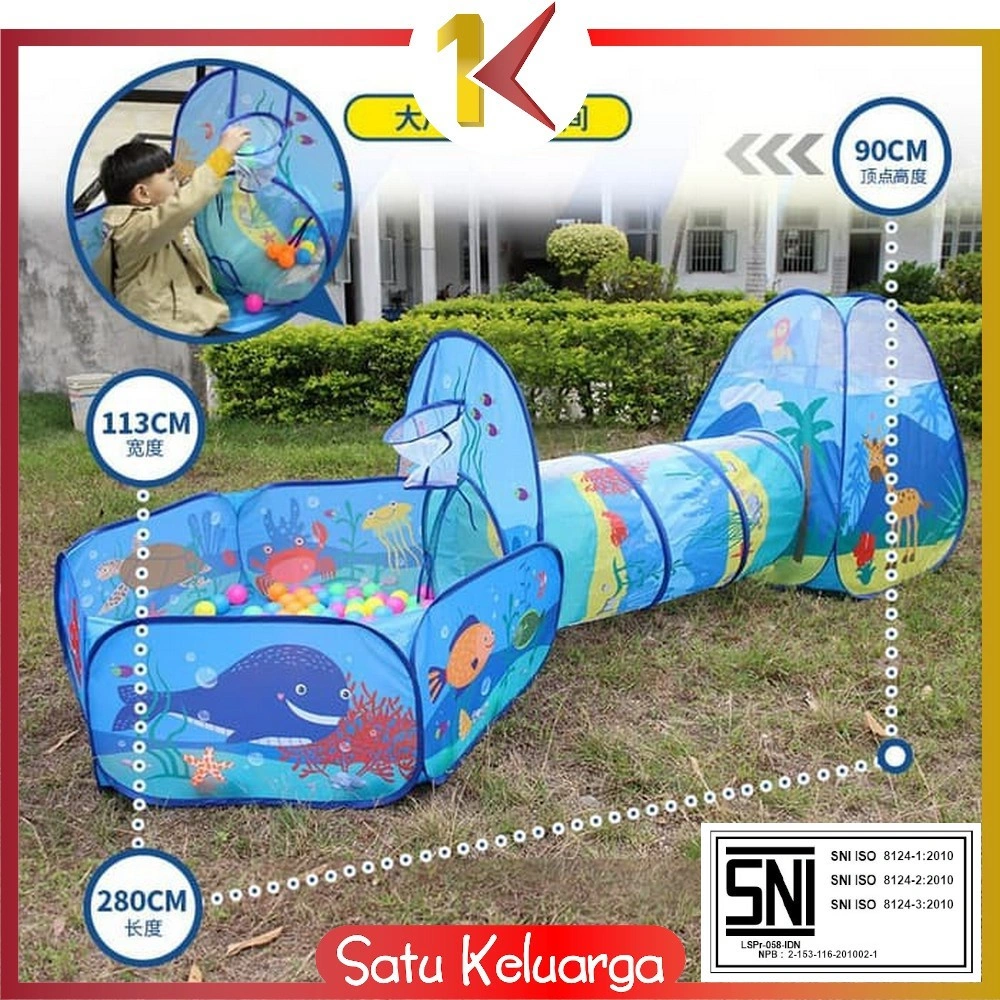 SK-M6 Mainan Tenda Anak Terowongan 4 in 1 + Kolam + Ring Basket Mainan Keranjang Mandi Bola Anak