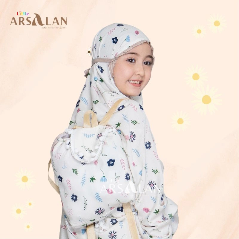Mukena Anak Pompom Tas Ransel | Mukena Rayon kombinasi Mikro Anak SD Tanggung | Mukena Arsalan