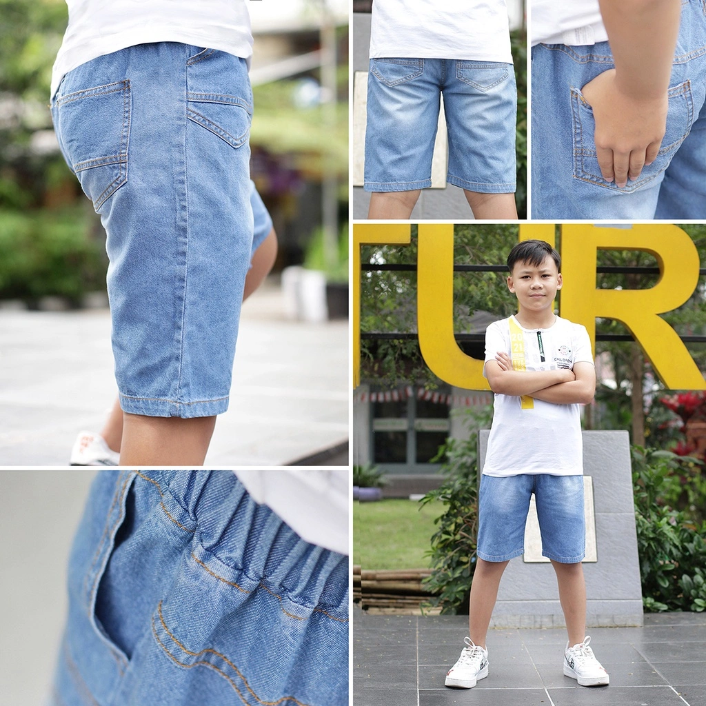 LuckyOne Celana Pendek Soft Jeans 3/4 Anak Laki Laki Bahan Denim 6,5 Onz Full Karet Tanpa Resleting Usia 6-12 Tahun