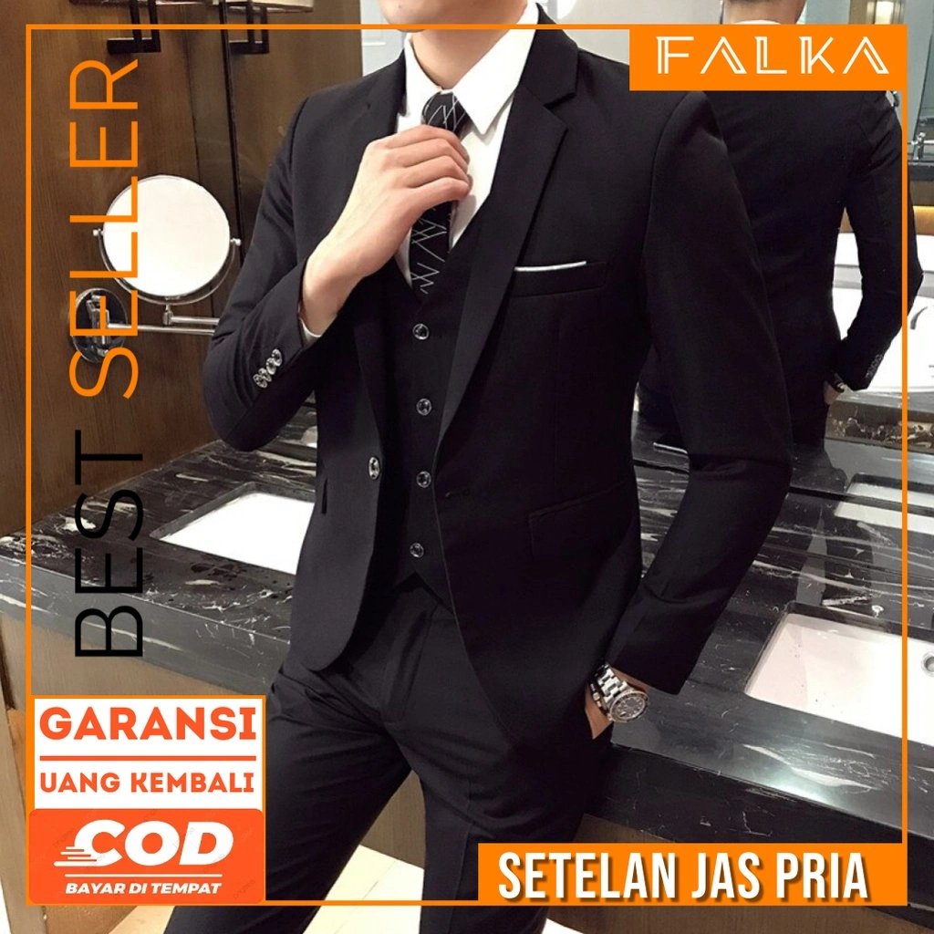 FALKA | 3 In 1 Setelan Jas Formal Pria (Jas, Rompi, dan Celana) model Slimfit bahan High Twist Tebal