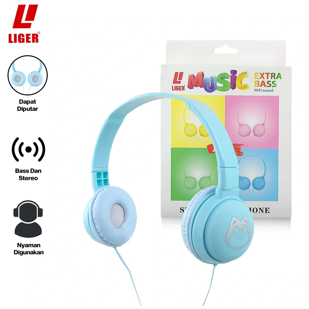 LIGER Headphone / Headset Macaron Cartoon Dengan Mic J-18 Extra Bass Stereo Headset Kucing HF-J18