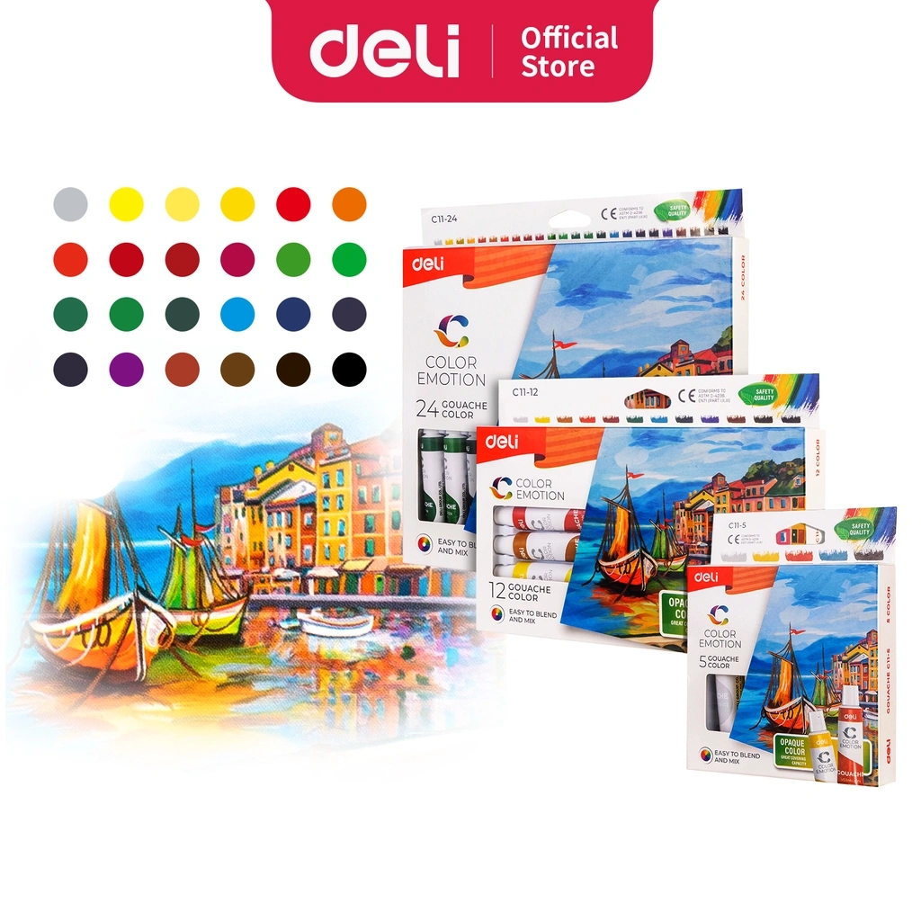 Deli Gouache / Cat Guas / Cat Air Buram 5/12/24 Warna, Kemasan Kotak 12ml EC11-5 EC11-12 EC11-24