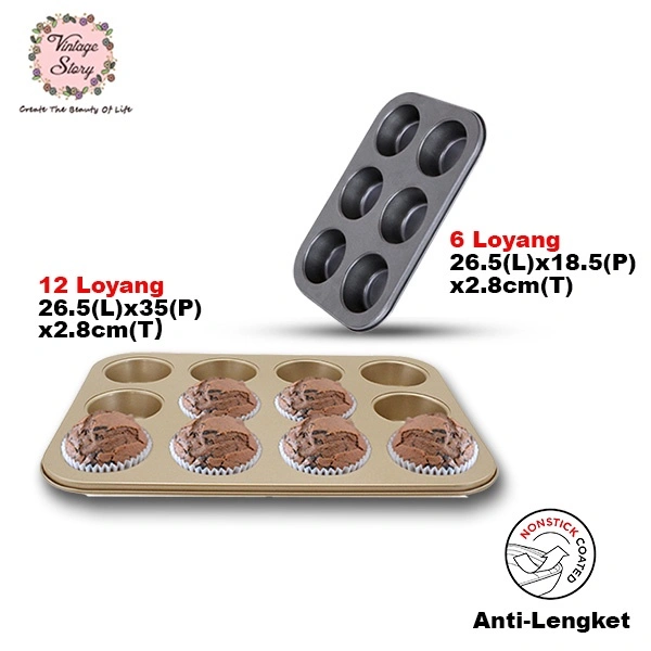 Loyang Muffin Premium Tray Cupcake Anti Lengket High Carbon Steel 6 atau 12 Cetakan