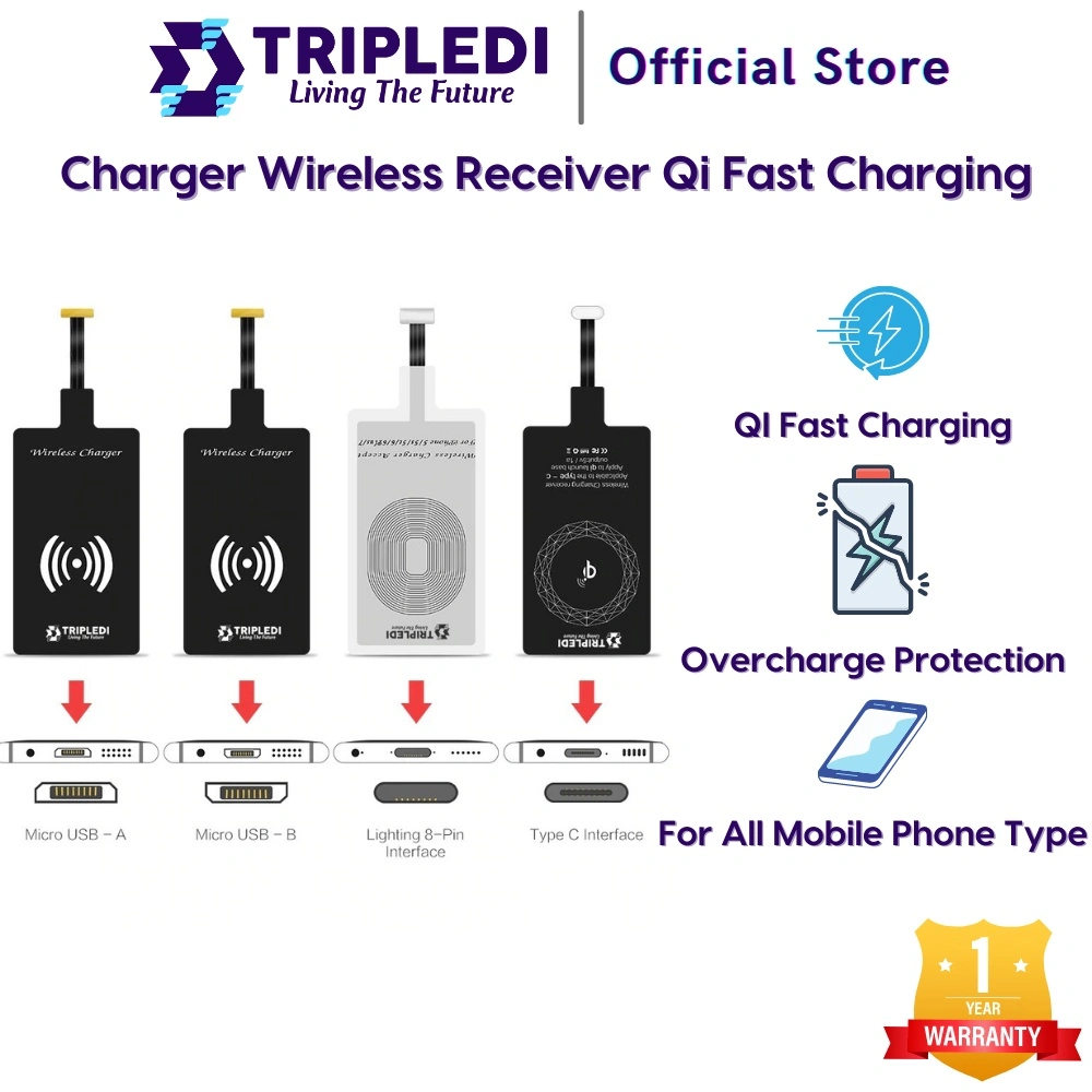 TRIPLEDI Wireless Charger Receiver Qi Fast Charging Adapter 5W Pengisi Daya Handphone Ponsel Nirkabel Micro USB Type A Type B USB Type C Lightning Universal IOS Android iPhone Samsung