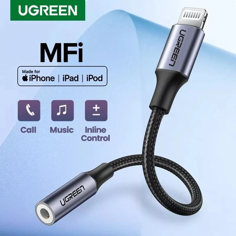 Ugreen Converter Splitter MFI Lightning Cable to Jack AUX 3.5mm Untuk iPhone 14 13 12 11 XR XS X 8 7 Pro Max Kabel Audio Earphone
