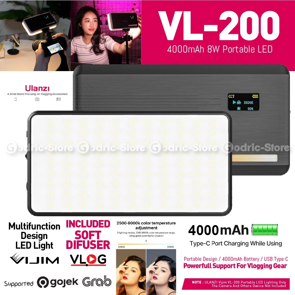 ULANZI VL200 Soft Bi-color LED Video Light 4000mAh 2500-9000K Lampu Studio Vlog Smartphone HP