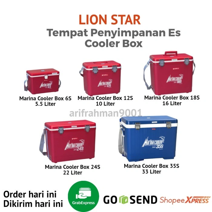 Lion Star Marina Cooler Box 6s , 12s , 18s , 24s , 35s , 40 Liter , 55 Liter , 72 Liter , 6.5 Liter , 22 Liter , 30 Liter , 35 Liter , 50 Liter , 75 Liter , 100 Liter Cool Box Mini Kotak Es Penyimpanan Makanan Antartica Marvel Green Leaf 5790 5791 5792