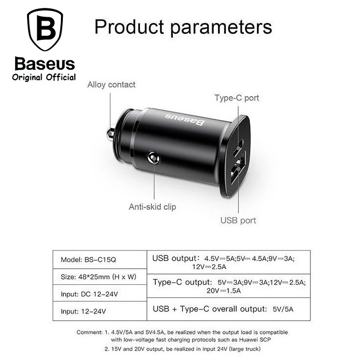 BASEUS ORIGINAL Car Charger Square Metal 30W Type C Quick Charge Fast Charging Saver Casan Mobil Ori