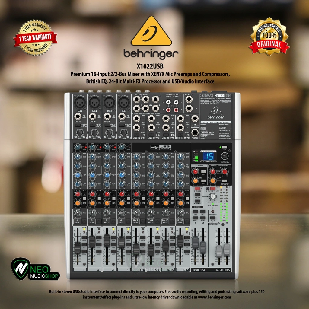 Behringer X1622USB Mixer with Compressors, British EQ, 24-Bit Multi-FX Processor and Audio Interface