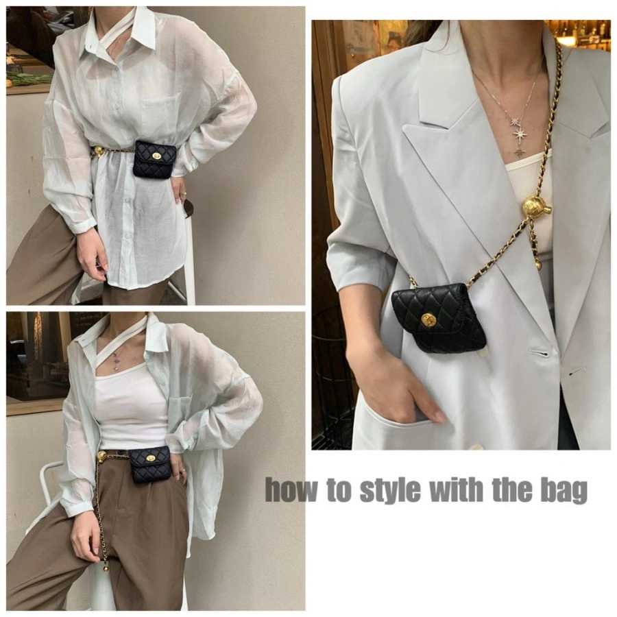 VENDI - Waist Bag Women Small Golden Ball Chain Belt Bag Mini Leather "Tas M2"