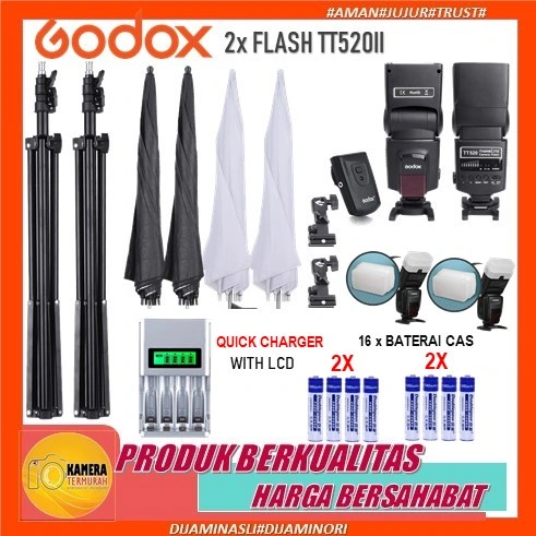 Paket Lampu Studio Flash Godox TT520II TT 520 II + Payung Payung Studio + Light stand