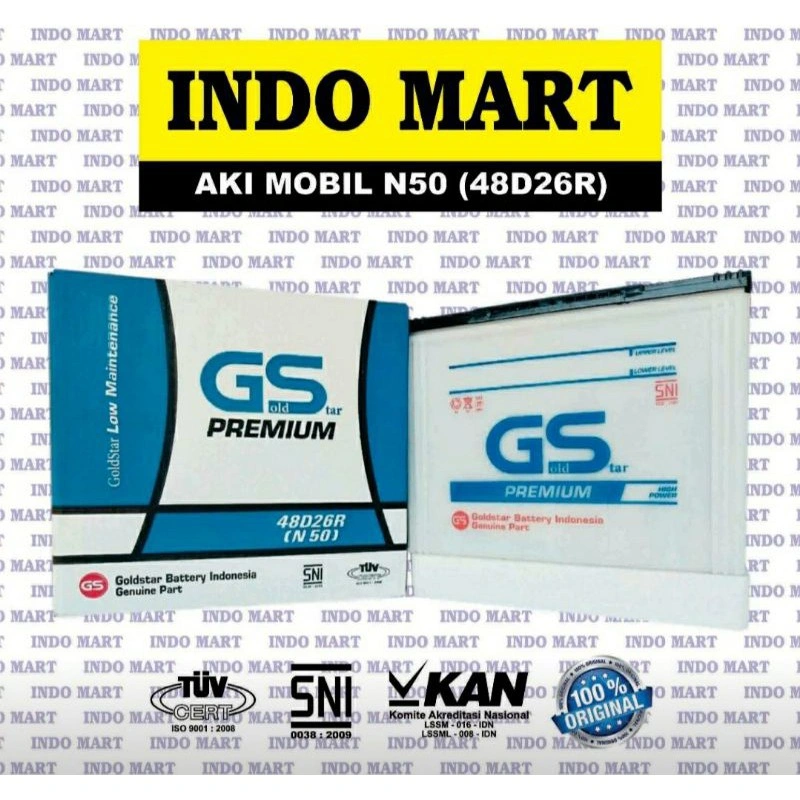 Aki Mobil PREMIUM ORIGINAL N50 48D26R Aki Basah 12V 50Ah (GS N50)
