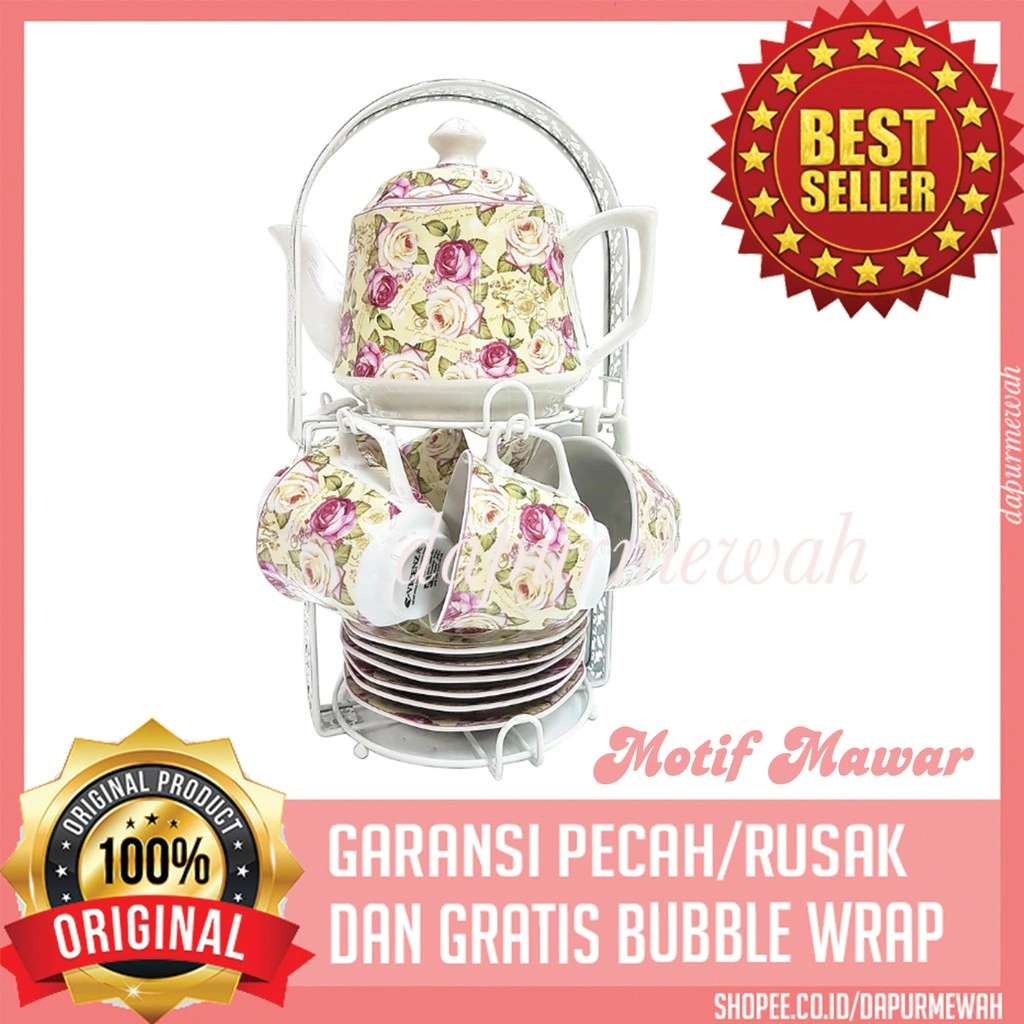 Vicenza Tea Set Ceramic Segi Delapan CA78 – Set Cangkir + Teko + Tatakan / Set Cangkir Teh & Kopi Elegan / Garansi Pecah