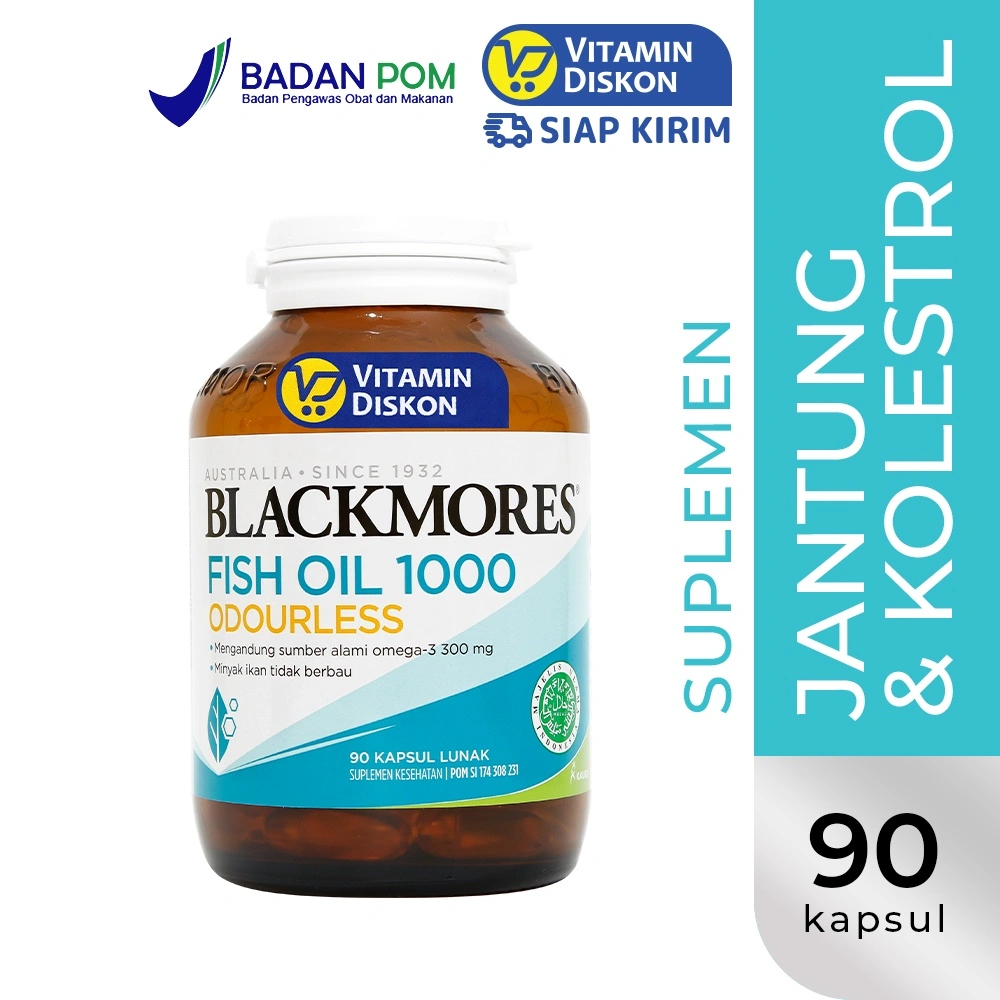 Blackmores Odourless Fish Oil 1000 BPOM Kalbe 90 Caps | Suplemen Omega 3, Minyak Ikan, Kesehatan Jantung, Kolesterol, Otak
