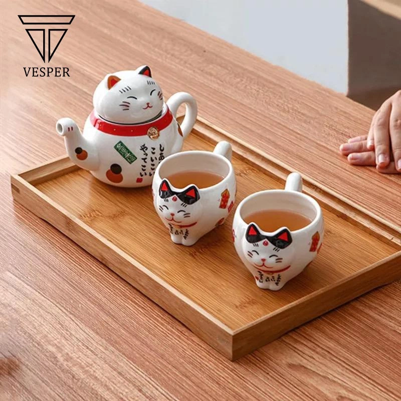 teko teh kucing / teapot cat ceramic set / cute japanese lucky cat tea pot cup set / teko teh lucu