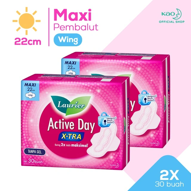 Laurier Active Day X-tra Pembalut Wanita Daya Serap Ekstra Bebas Bocor 22cm Wing Pengunci Bocor Instant Isi 30 Buah Twin Pack