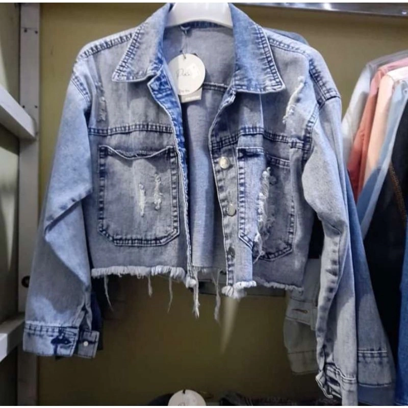 Jaket Jeans Sobek Robek Ripped Wanita Crop Top Rawis Jacket Jins Denim Cewek Sobek Korean Style Terkini
