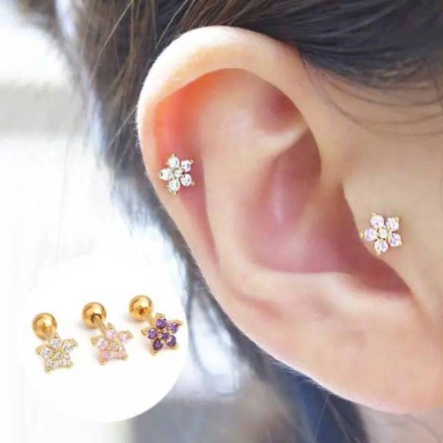 1PCS Anting Piercing Tragus Ear Stud Coloful Flower Cartilage Earring Stainless Steel Zircon Stud Piercing Body Jewelry