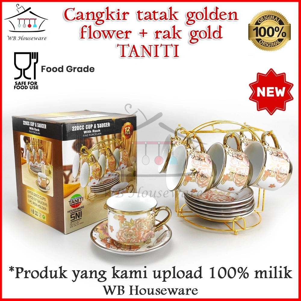 tea set + rak / gelas cangkir teh motif golden flower / coffe tea set porcelain TANITI