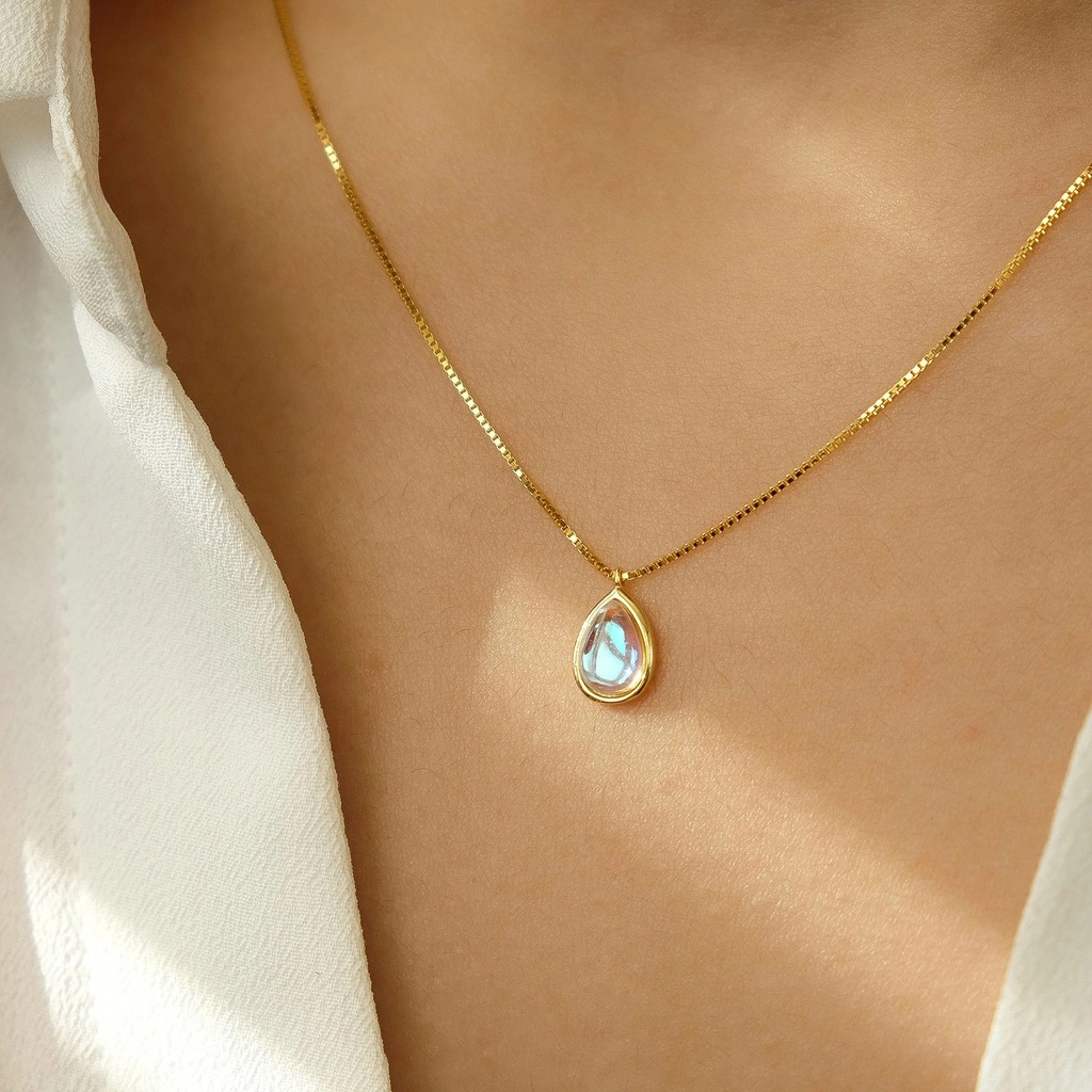 Moonstone Teardrop Dainty Necklace — 18K Gold Plated S925 Sterling Silver Kalung Anti Karat