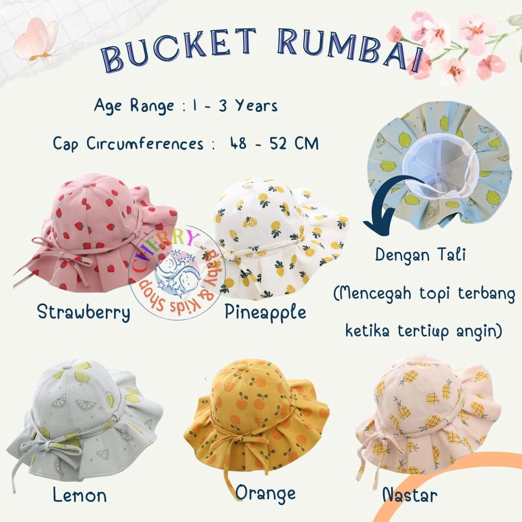 Topi Rumbai Buah bayi Anak perempuan Summer Hat Bucket Fruit Smile Love / Ribbit / Heart / Cozy / Happy Boneka CBKS VC