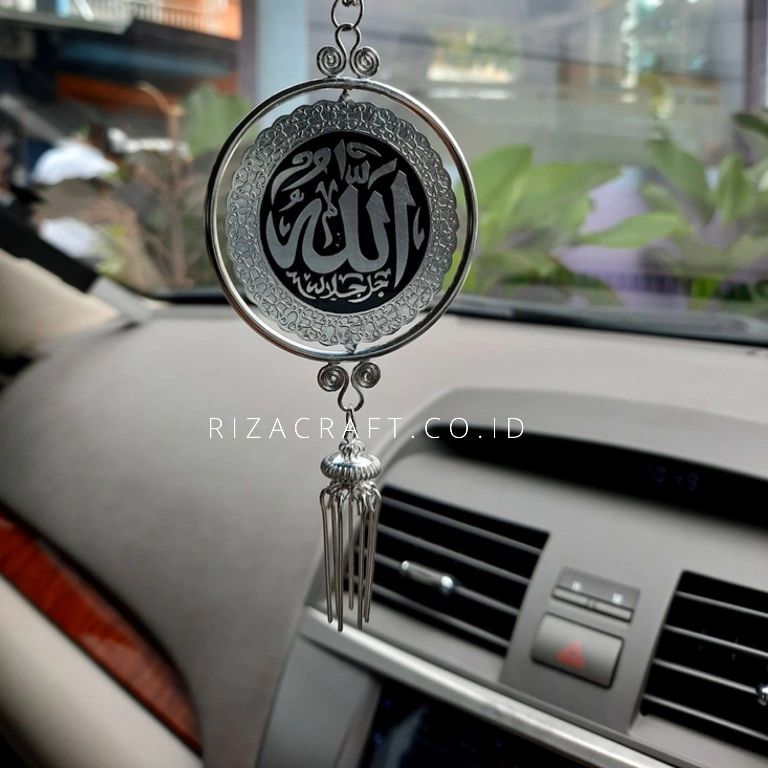 Aksesoris Gantungan Spion interior Mobil ukiran Kaligrafi Allah Muhammad Unik Lapis Perak Estetik by Riza Craft