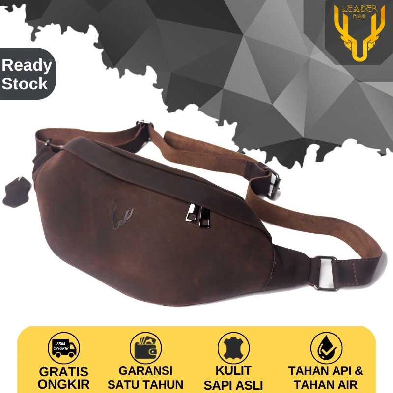 Tas Selempang Pria Kulit Sapi Asli Merk Leaderbag Waterproof Terbaru Waistbag Tas Pinggang Cowok Branded Warna Coklat Khaki DRACO V2 AA04