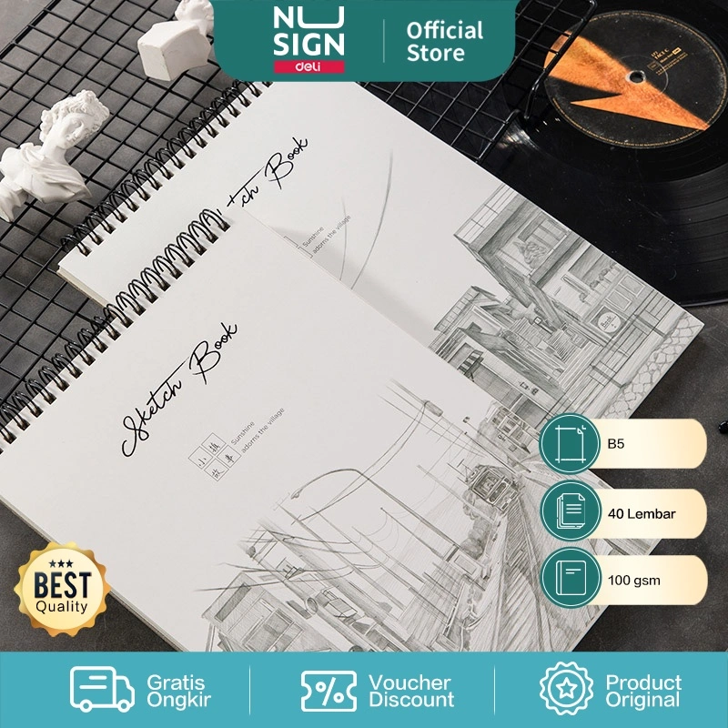 Deli Nusign Sketch Book / Buku Gambar Jilid Spiral Vertikal A5/B5 40 Lembar 100 gsm 7362X