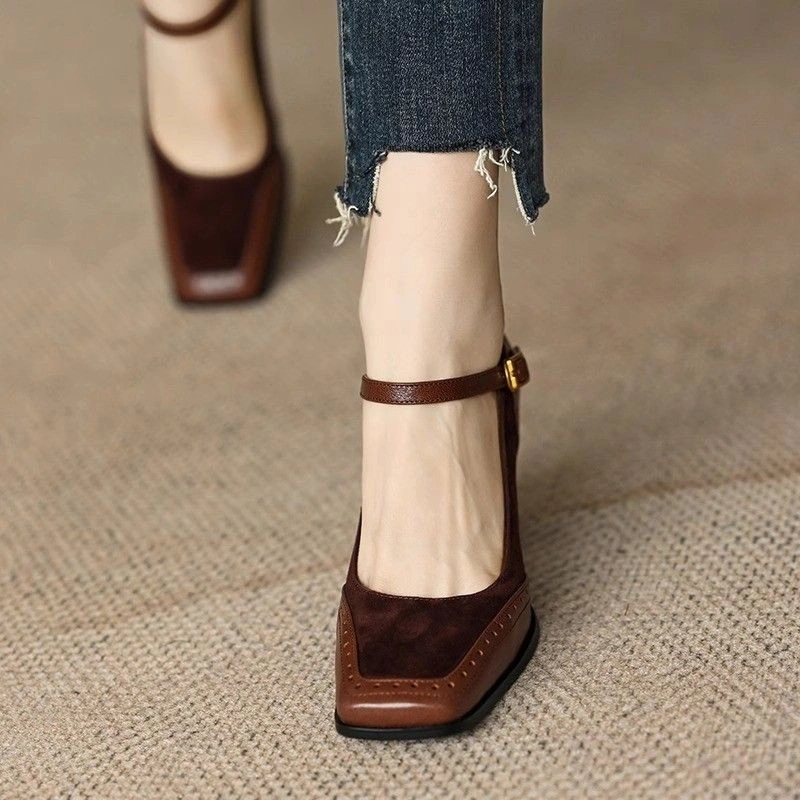 Hepburn Style Square Toe Pumps Chunky Heel Ankle-Strap Retro French Mary Jane High Heels