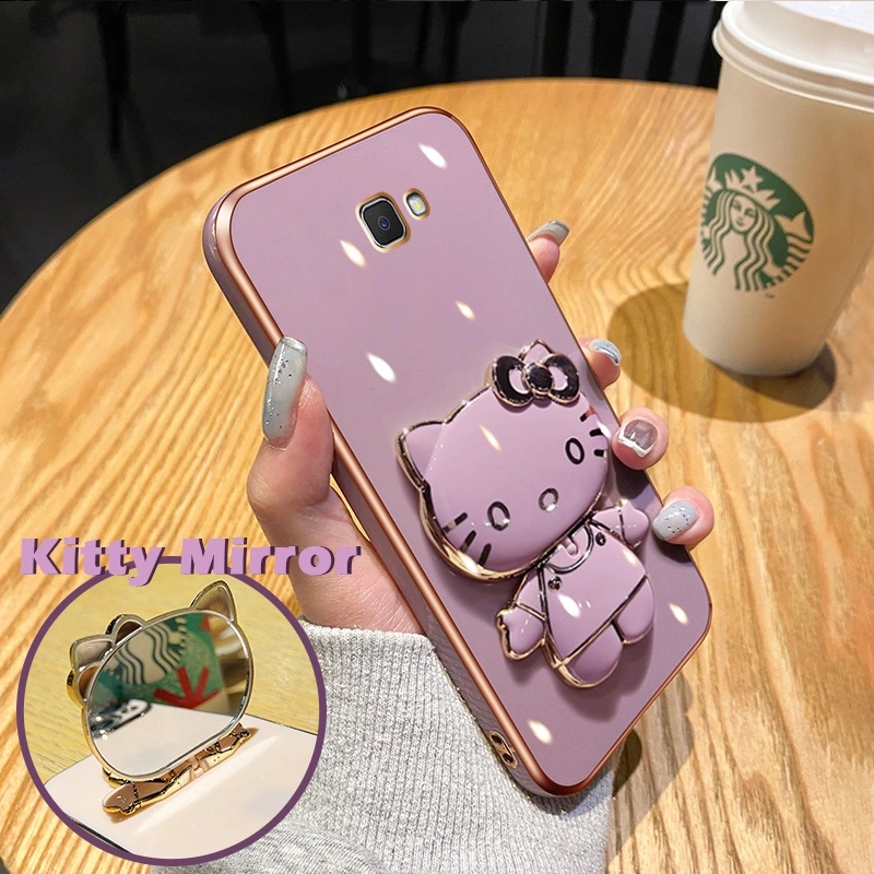Casing Ponsel untuk Samsung J7 Prime 2 J7 Pro J7 2017 J7 2018 J2 Prime Case ponsel pola kartun kucing Casing sandaran ponsel desain baru HP ponsel lipat Plating penutup lensa penuh kamera Softcase