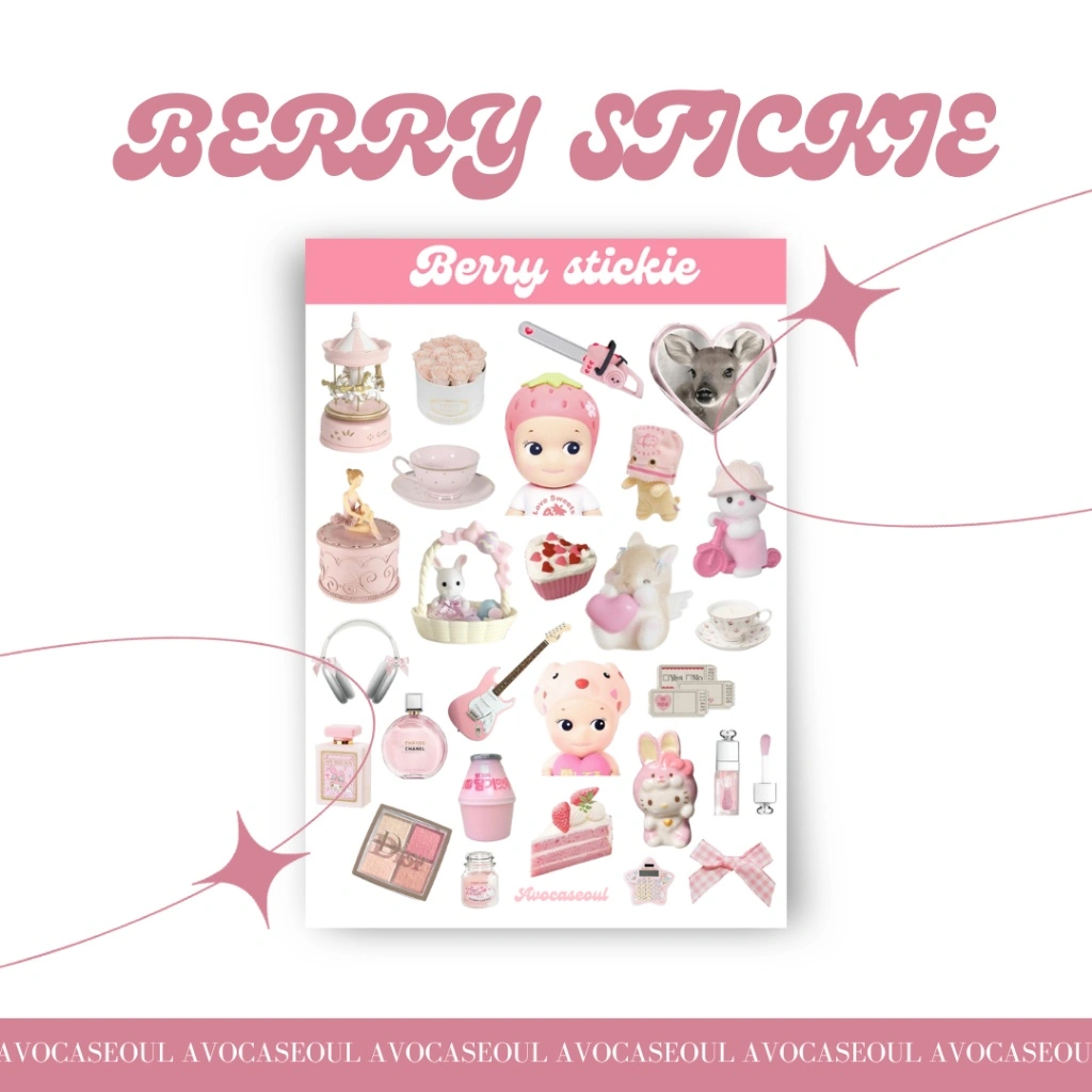 sticker sheet berry stickie aesthetic ins korea untuk dekorasi scrapbook, deco pola, journaling,  phonecase, headphone, stiker aesthetic lucu pink