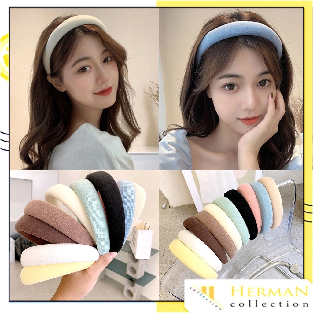 HC Bando Kain Busa Tebal Wanita Korea Bando Nagita Polos Lebar Empuk Bandana Lembut Warna Pastel