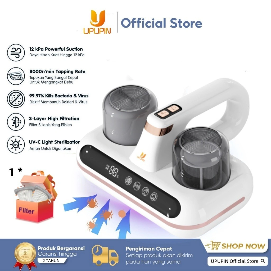 UPUPIN Vacuum Cleaner UV Cordless Penyedot Debu Tungau Mattress Sofa Kasur Alat Pembersih Anti-Debu Anti-Mite with HEPA Filter Ultrasonic UV Sterilization Penghilang Kutu Kain tanpa Kabel 1200Pa Garansi 2 Tahun