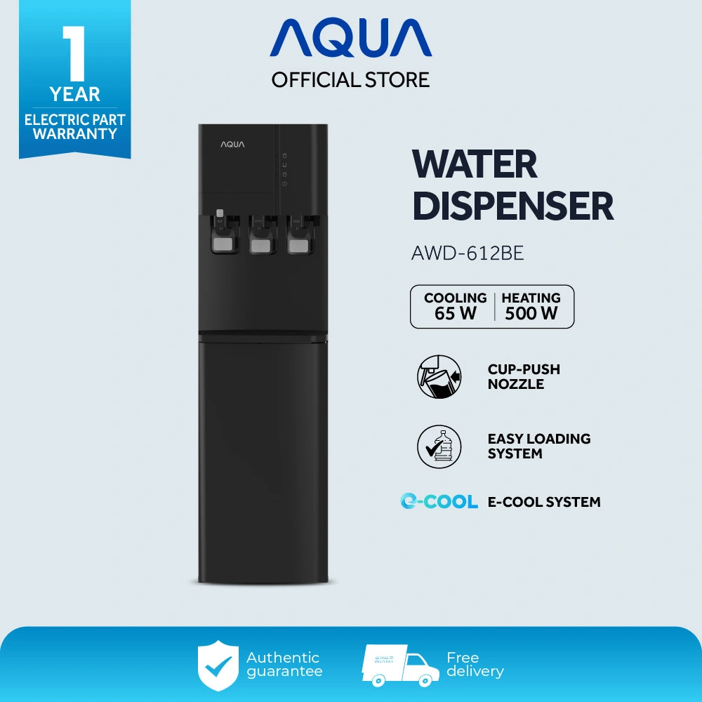 AQUA Elektronik AWD-612BE Water Dispenser Bottom Loading - Child lock - Easy loading system - LED Indicator - Low Watt - 3 faucets (Hot, Normal, Cool) - Good Material & durable - Stylish Design - Semi Conductor Cooling