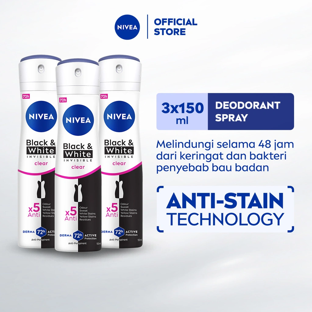 (PAKET HEMAT ISI 3) NIVEA Deodorant Spray Black & White Invisible Original 150ml - Deodoran wanita melawan bau badan tahan keringat anti noda residu dengan wangi tahan lama seharian - Antiperspiran, tidak mengandung ethyl alkohol