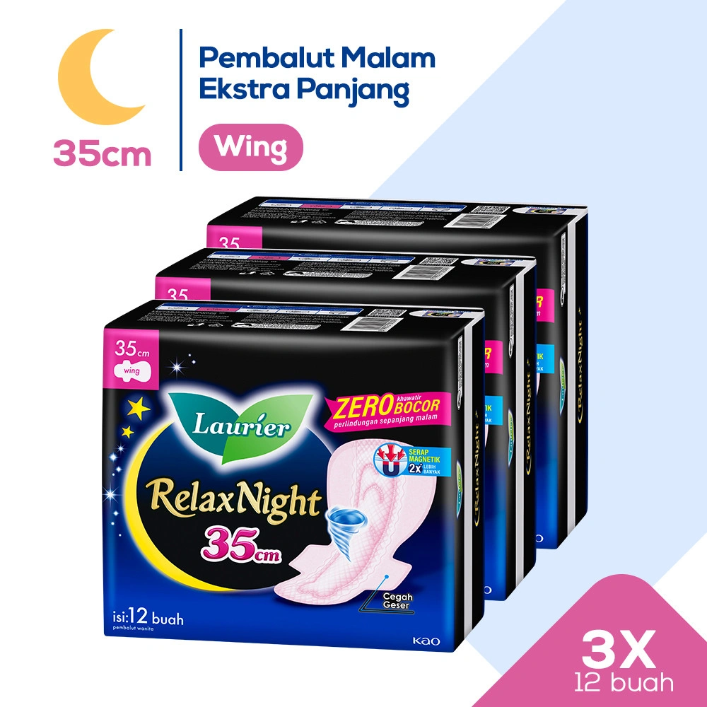 Laurier Relax Night Pembalut Wanita Wing 35 cm 12 pcs x 3