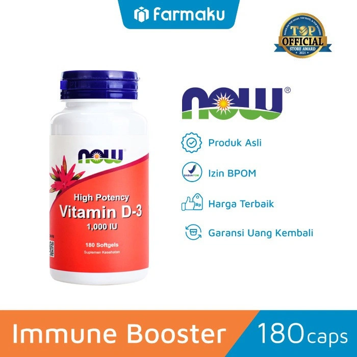 Now Vitamin D-3 1000IU Suplemen Daya Tahan Tubuh Botol 180 Capsule - (Variasi)